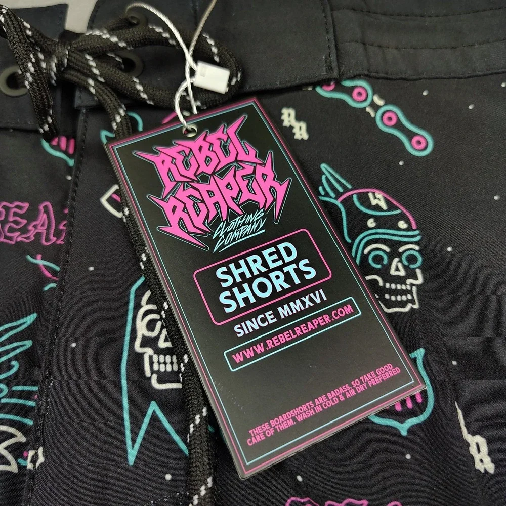 Rebel Reaper Board Shorts Men Small Black Swim Trunks Tattoo Biker Pockets NWT